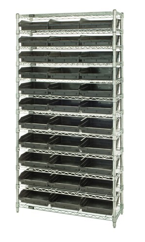 Wire shelving units complete with conductive shelf bins 12" x 36" x 75"