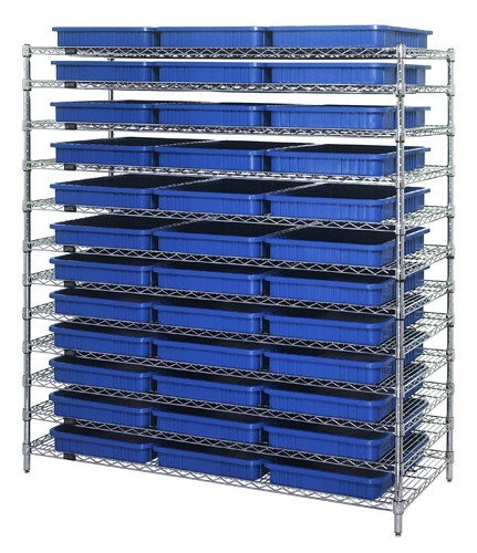 Chrome Wire Shelving System with Dividable Grid Containers 60" x 24" x 63" Blue