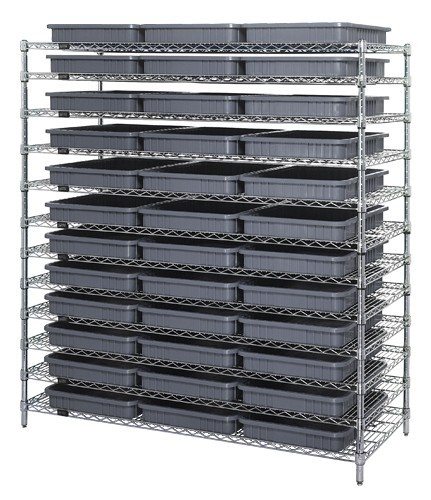 Chrome Wire Shelving System with Dividable Grid Containers 60" x 24" x 63" Gray