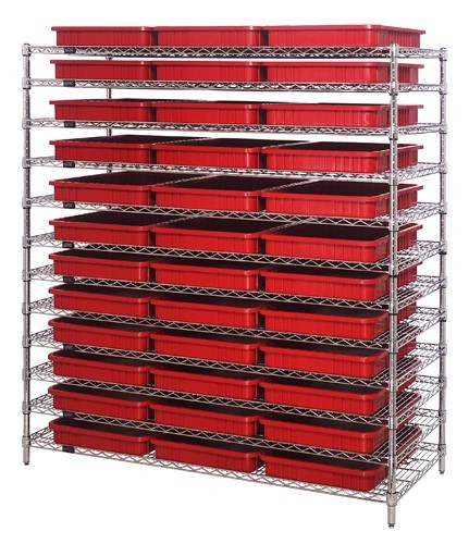 Chrome Wire Shelving System with Dividable Grid Containers 60" x 24" x 63" Red