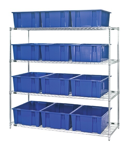 Wire shelving units with stack and nest totes 60" x 24" x 63" Blue