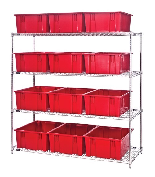 Wire shelving units with stack and nest totes 60" x 24" x 63" Red