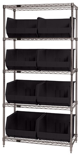 Quantum wire shelving units complete with ultra bins 36" x 18" x 74" Black