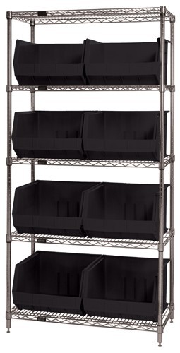 Quantum wire shelving units complete with ultra bins 36" x 18" x 74" Black