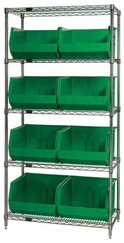Quantum wire shelving units complete with ultra bins 36" x 18" x 74" Green