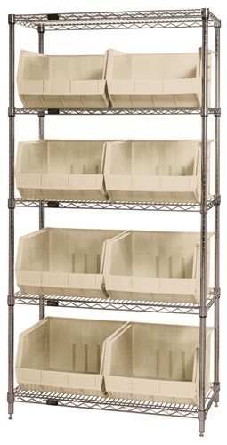 Quantum wire shelving units complete with ultra bins 36" x 18" x 74" Ivory