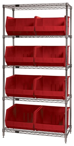Quantum wire shelving units complete with ultra bins 36" x 18" x 74" Red