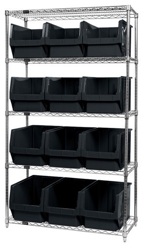 Quantum wire shelving units complete with giant hopper bins 42" x 18" x 74" Black