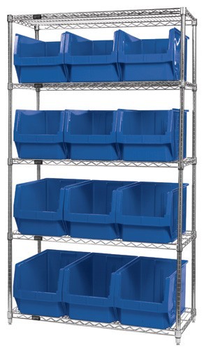 Quantum wire shelving units complete with giant hopper bins 42" x 18" x 74" Blue