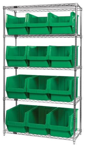 Quantum wire shelving units complete with giant hopper bins 42" x 18" x 74" Green