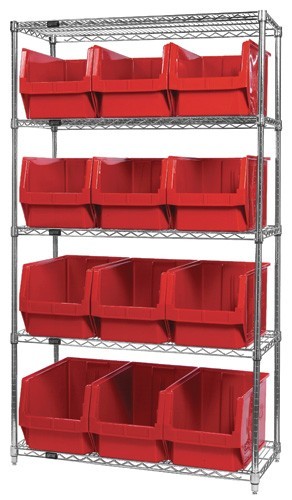 Quantum wire shelving units complete with giant hopper bins 42" x 18" x 74" Red