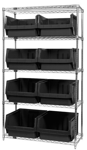 Quantum wire shelving units complete with giant hopper bins 42" x 18" x 74" Black