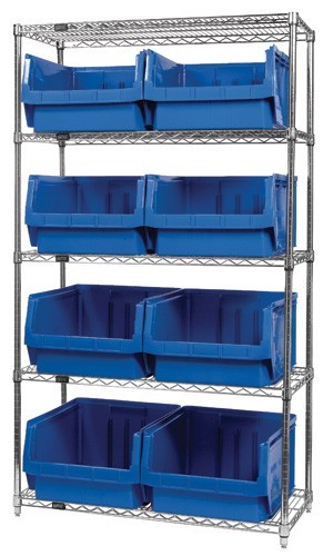 Quantum wire shelving units complete with giant hopper bins 42" x 18" x 74" Blue