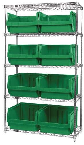 Quantum wire shelving units complete with giant hopper bins 42" x 18" x 74" Green