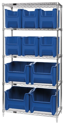 Quantum wire shelving units complete with giant hopper bins 36" x 18" x 74" Blue