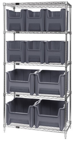 Quantum wire shelving units complete with giant hopper bins 36" x 18" x 74" Gray