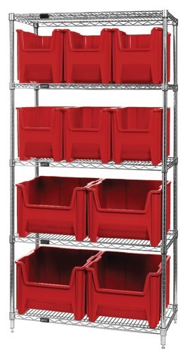 Quantum wire shelving units complete with giant hopper bins 36" x 18" x 74" Red