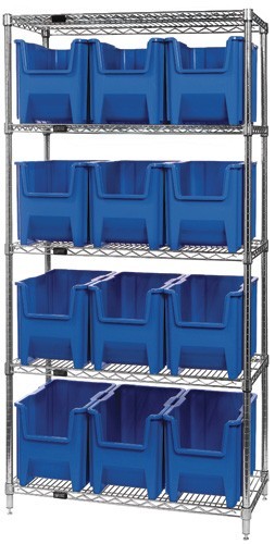 Quantum wire shelving units complete with giant hopper bins 36" x 18" x 74" Blue