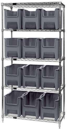 Quantum wire shelving units complete with giant hopper bins 36" x 18" x 74" Gray