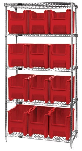 Quantum wire shelving units complete with giant hopper bins 36" x 18" x 74" Red