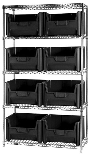 Quantum wire shelving units complete with giant hopper bins 42" x 18" x 74" Black