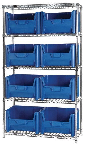 Quantum wire shelving units complete with giant hopper bins 42" x 18" x 74" Blue