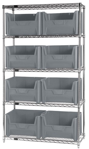 Quantum wire shelving units complete with giant hopper bins 42" x 18" x 74" Gray