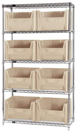 Quantum wire shelving units complete with giant hopper bins 42" x 18" x 74" Ivory