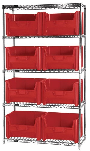 Quantum wire shelving units complete with giant hopper bins 42" x 18" x 74" Red