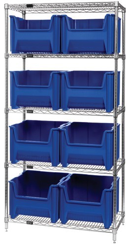 Quantum wire shelving units complete with giant hopper bins 36" x 18" x 74" Blue