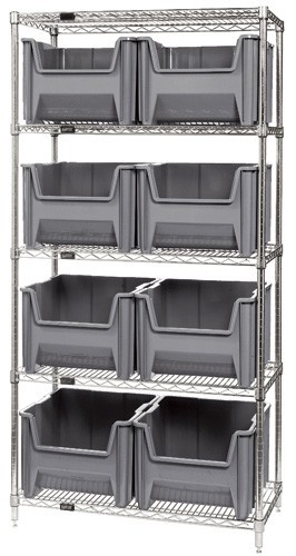 Quantum wire shelving units complete with giant hopper bins 36" x 18" x 74" Gray