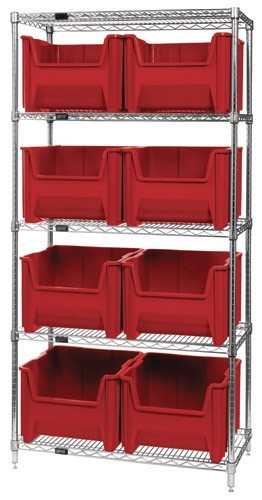 Quantum wire shelving units complete with giant hopper bins 36" x 18" x 74" Red