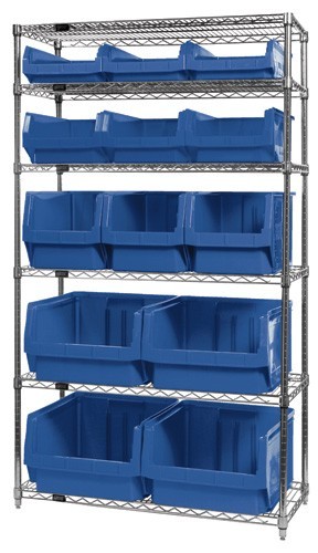 Quantum wire shelving units complete with giant hopper bins 42" x 18" x 74" Blue