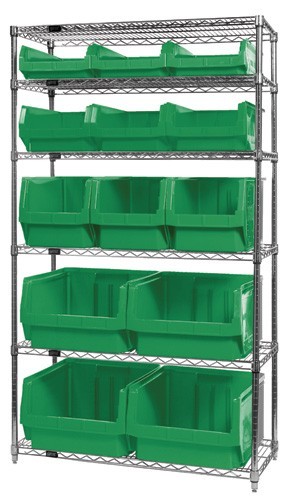 Quantum wire shelving units complete with giant hopper bins 42" x 18" x 74" Green