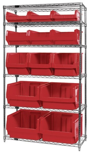 Quantum wire shelving units complete with giant hopper bins 42" x 18" x 74" Red