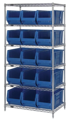 Wire Shelving with Bins - Complete Package 36" x 24" x 74" Blue