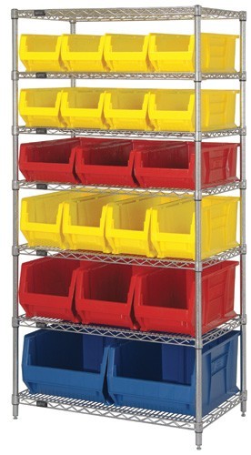 Wire Shelving Unit with Bins - Complete Package 36" x 24" x 74" Yellow