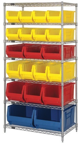 Wire Shelving Unit with Bins - Complete Package 36" x 24" x 74" Blue