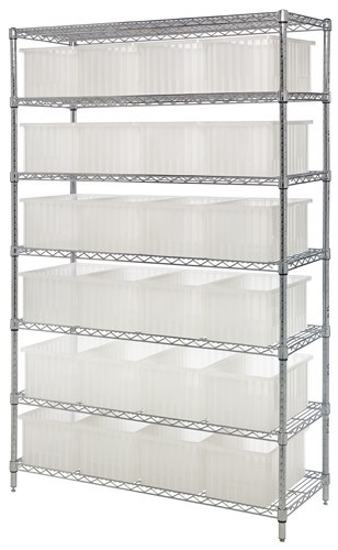 Clear-View wire shelving unit with dividable grid containers - complete package 60" x 24" x 74"