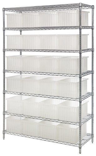 Wire shelving units with clear dividable grid containers 60" x 24" x 63"