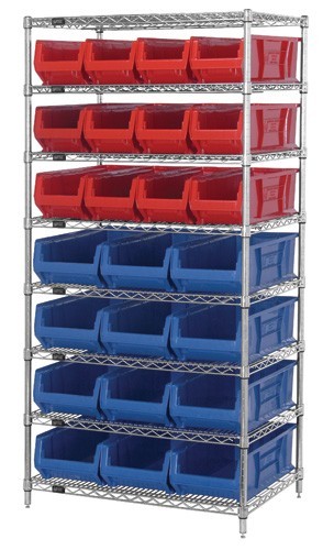 Wire Shelving Unit with Bins - Complete Package 36" x 24" x 74" Blue