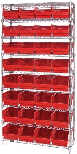 Wire Shelving Shelf Bin System - Complete Wire Package 18" x 36" x 74" Red