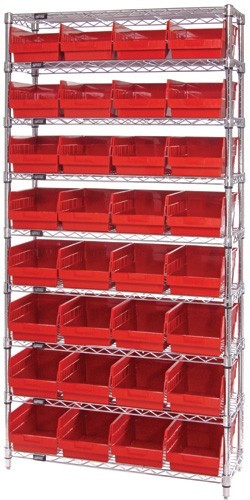 Wire Shelving Shelf Bin System - Complete Wire Package 12" x 36" x 74" Red