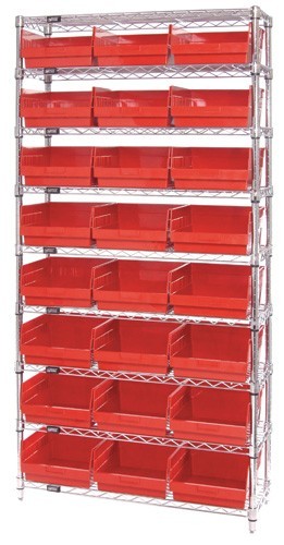 Wire Shelving Shelf Bin System - Complete Wire Package 12" x 36" x 74" Red