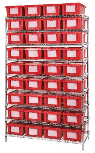 wire shelving system with genuine stack and nest totes - complete package 48" x 18" x 74" Red