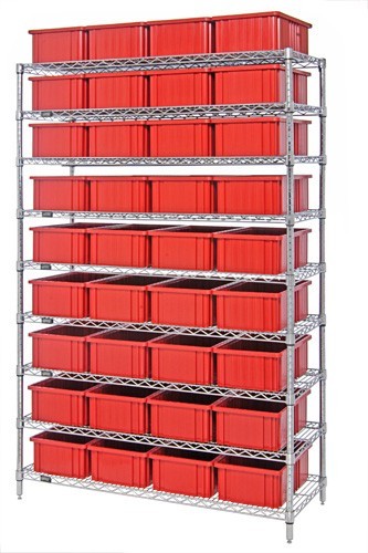 wire shelving unit with dividable grid containers - complete package 48" x 18" x 74" Red