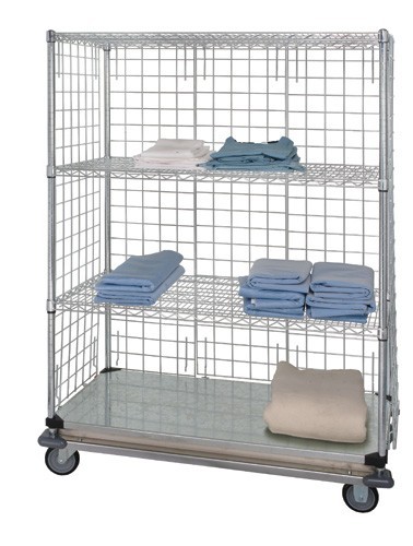 4 shelf dolly base cart w/solid bottom shelf & enclosure panels 24" x 36" x 80"