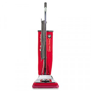 Heavy-Duty Commercial Upright Vacuum, Micron Filtration, 18 lbs, Chrome/Red