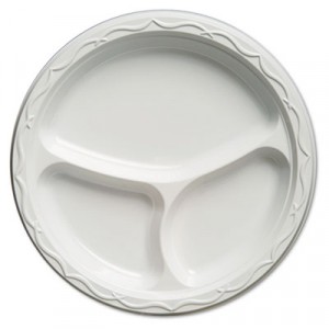 Aristocrat Plastic Plates, 10 1/4 Inches, White, Round, 3 Compartments, 125/Pack