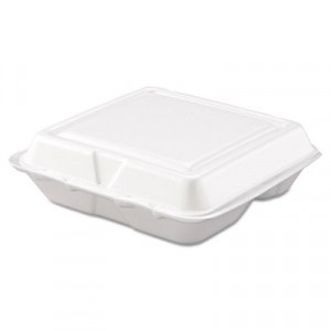 Small Foam Hinged Lid Carryout Container, 3-Compartment White, 8x7-1/2x2-3/
